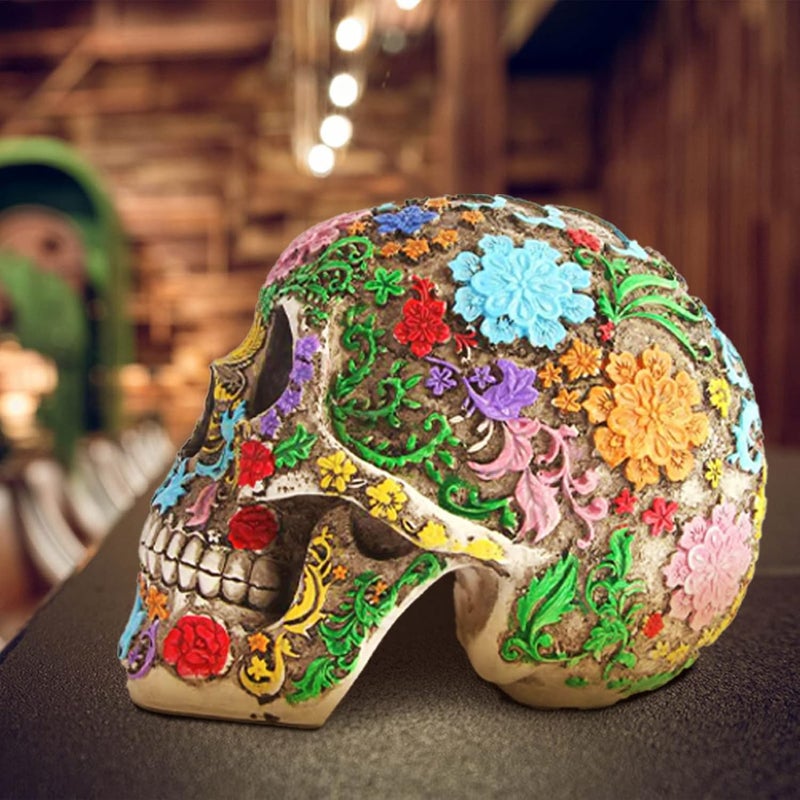 Tuzsocr Water rust proof Carved Skull Design Day of the Dead,Skull with Petal Statue,Sugar Skull Skull,Painted Skull,Resin Skull Halloween Ornaments,for Home,Dining Table,Living Room Repeated assemble detach compatible - Image 3