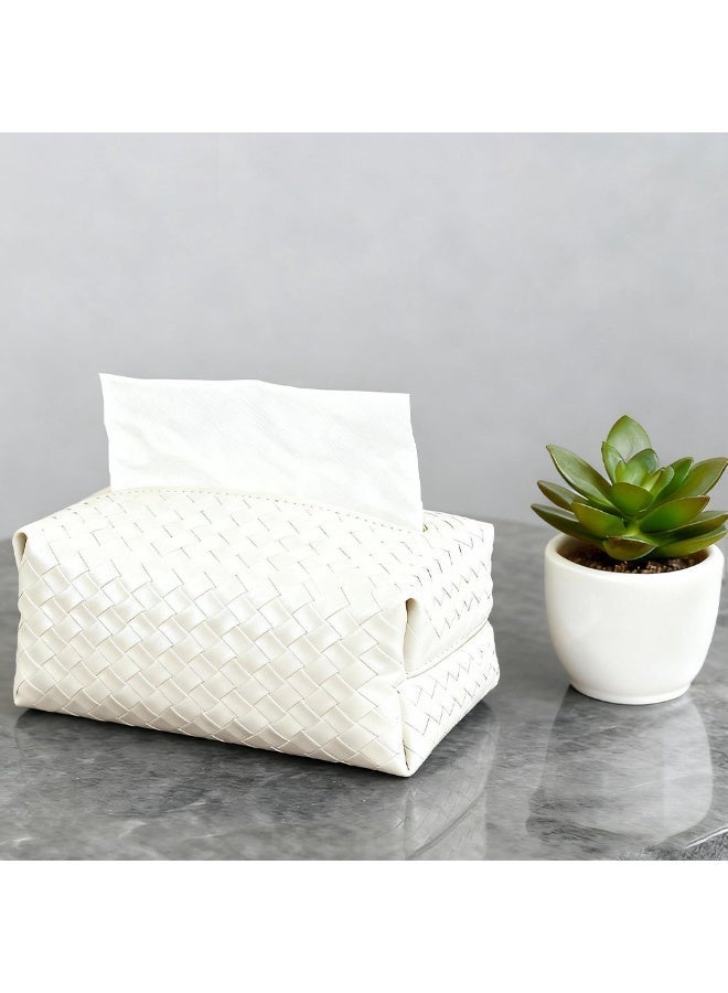 Tissue Box Faux Pu Leather Woven Facial Box Covers Holder Tray Organizer for House Tabletop Office Car Bathroom Decorative, White - Image 4