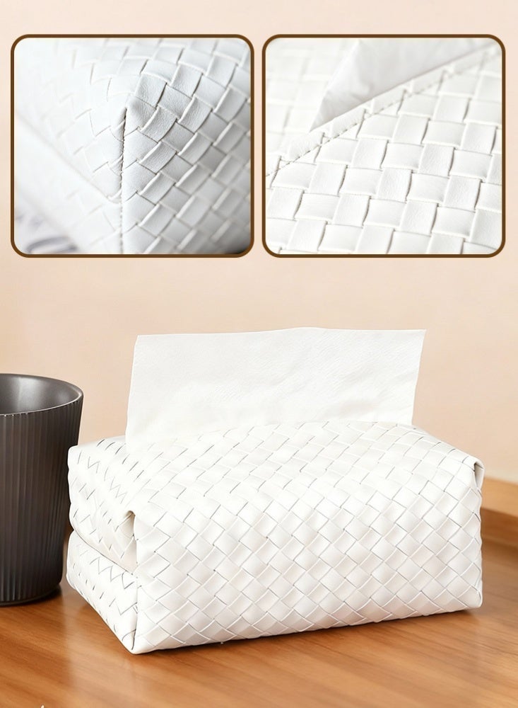 Tissue Box Faux Pu Leather Woven Facial Box Covers Holder Tray Organizer for House Tabletop Office Car Bathroom Decorative, White - Image 5