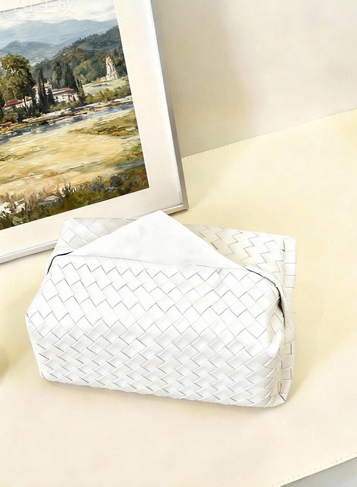 Tissue Box Faux Pu Leather Woven Facial Box Covers Holder Tray Organizer for House Tabletop Office Car Bathroom Decorative, White - Image 2