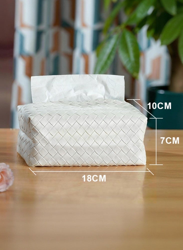 Tissue Box Faux Pu Leather Woven Facial Box Covers Holder Tray Organizer for House Tabletop Office Car Bathroom Decorative, White - Image 3