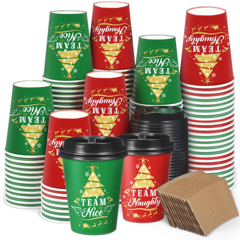 Layhit 100 Set Christmas Paper Coffee Cups with Sleeves Lids 12 Oz Xmas Disposable Party Cup Red Green Christmas Tree Hot Cocoa Cups for Christmas Winter Holiday Drinkware SuppliesNaughty