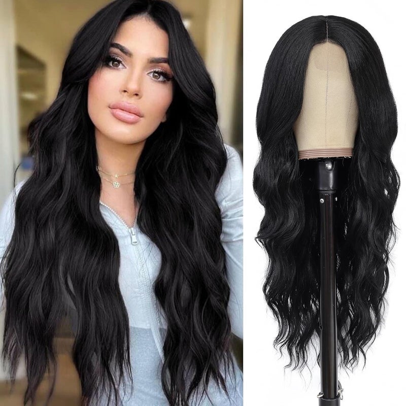 NAYOO Long Wavy Wigs for Women Black Middle Part Wig Synthetic Heat Resistant Fiber Women Wigs for Daily Party Use 26 Inch Black