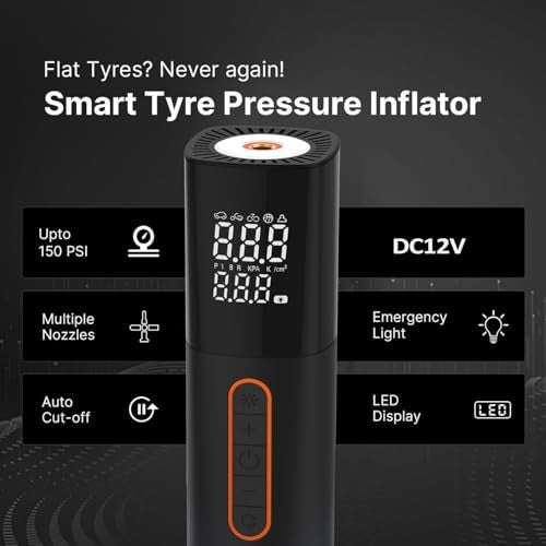 US1984 Tire Inflator Portable Air Compressor, 150 PSI Air Pump for Car Tires, DC12V Smart Electric Pump With Pressure Dual LCD Display & LED Light, Air Pump for Car Tire Balls, Inflatables (Black) - Image 4