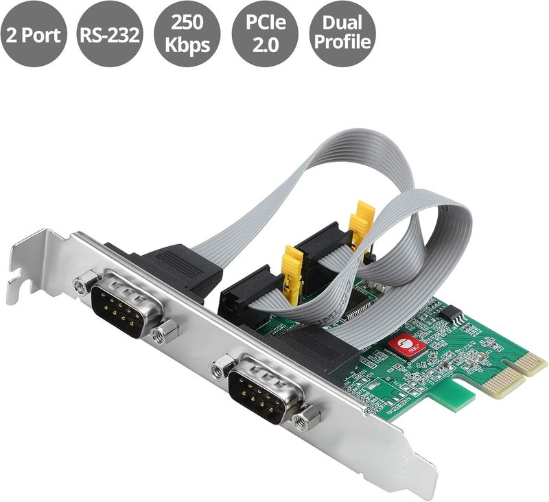 SIIG Dual Serial PCIe Card Adapter, 16650 UART, Baud Rates up to 250Kbps, PCIe 2.0 x1 to 2X RS-232 Male 9-pin DB9, RS-232 5V or 12V Power, ASIX AX99100 Chipset, Dual-Profile Brackets (JJ-E20711-S1) - Image 2