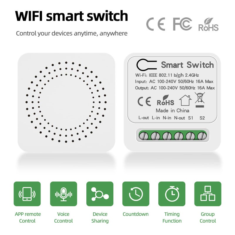 VIPMOON Smart Relay Switch - WiFi Relay Switch Module for Light Mini DIY Interruptor Smart Life/Tuya App Control, Compatible with Alexa and Google Home Speakers, Appointment Timer 16A - Image 2