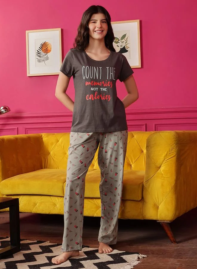 Clovia Grey Text Print Cotton T-Shirt and Printed Pyjama Set