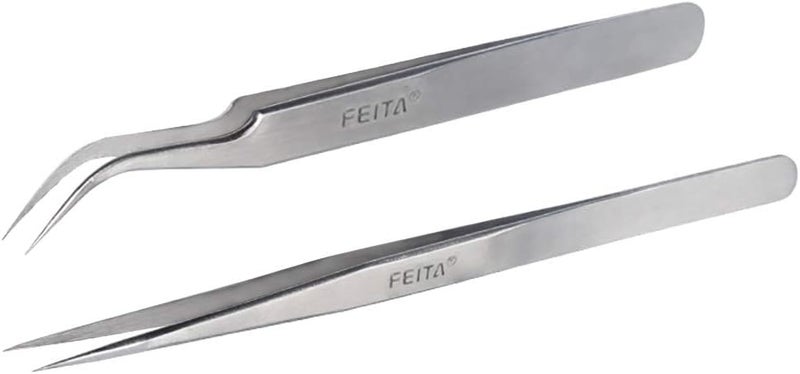 FEITA Eyelash Tweezers FEITA Precision Eyelash Extension Tweezer Set Professional Straight Curved Pointed Very Fine Tip Tweezers for Lash Extensions Silver 2Pcs - Image 1