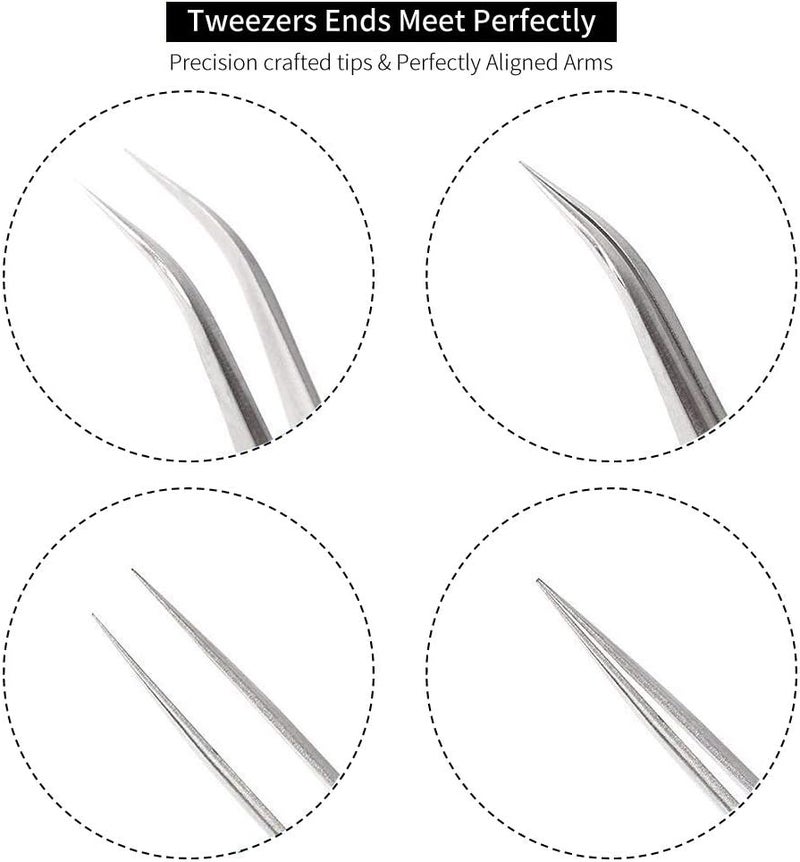 FEITA Eyelash Tweezers FEITA Precision Eyelash Extension Tweezer Set Professional Straight Curved Pointed Very Fine Tip Tweezers for Lash Extensions Silver 2Pcs - Image 3