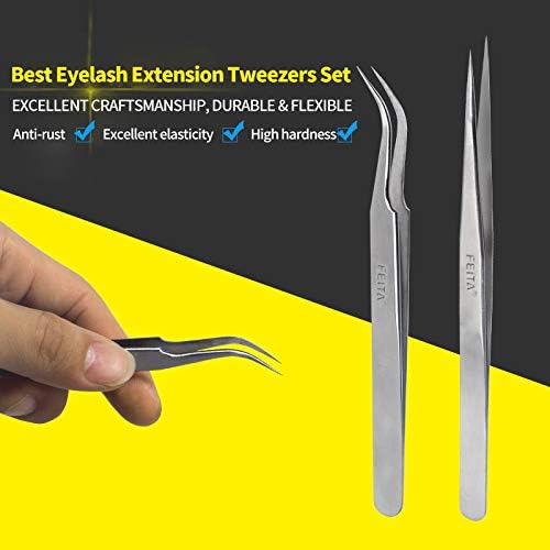 FEITA Eyelash Tweezers FEITA Precision Eyelash Extension Tweezer Set Professional Straight Curved Pointed Very Fine Tip Tweezers for Lash Extensions Silver 2Pcs - Image 4