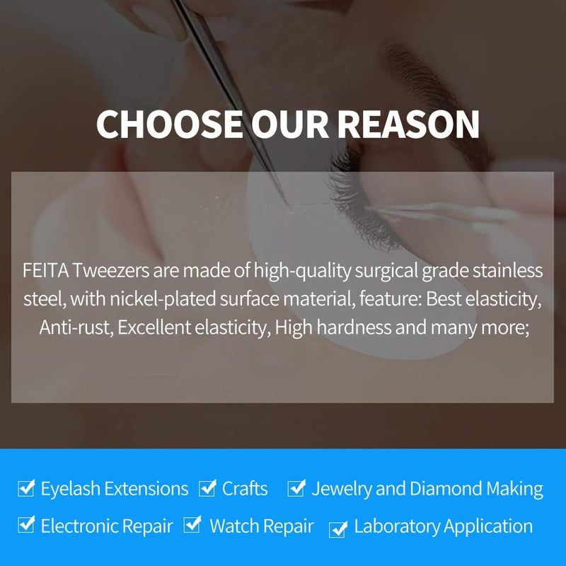 FEITA Eyelash Tweezers FEITA Precision Eyelash Extension Tweezer Set Professional Straight Curved Pointed Very Fine Tip Tweezers for Lash Extensions Silver 2Pcs - Image 5