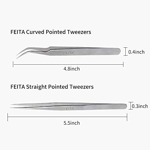 FEITA Eyelash Tweezers FEITA Precision Eyelash Extension Tweezer Set Professional Straight Curved Pointed Very Fine Tip Tweezers for Lash Extensions Silver 2Pcs - Image 2