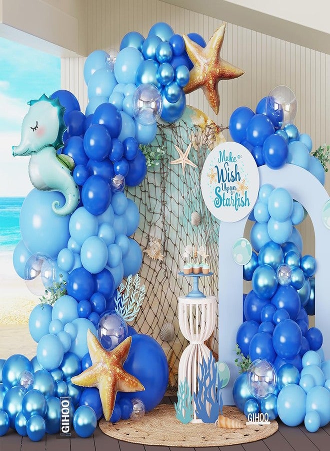 GIHOO Under the Sea Balloon Arch Kit 140pcs Blue Ocean Balloon Garland with Seahorse Inflatable Starfish Foil Balloons for Ocean Under the Sea Summer Beach Party Decorations - Image 1