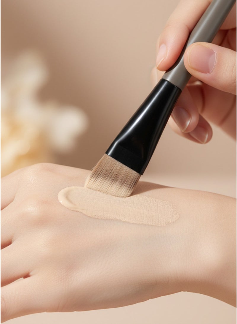 Energy Base Concealer & Cream Contour Brush Crescent Angled Flat Head Premium Synthetic Fibers Matte Grey-Brown Handle with Mixing Palette & Powder Puff - Image 1