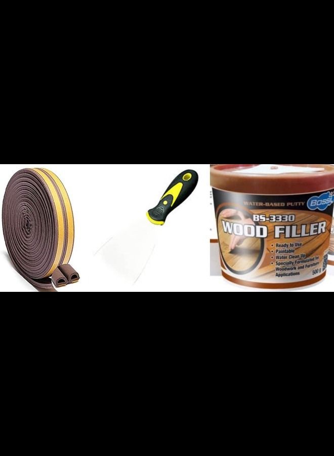 Bossil Sealing Tape Self Adhesive 'D' Profile Brown 2 x 3Mtrs & Bossil Carpenter Wood filler 500grm With 3 Scrapper A complete Door Solution - Image 1