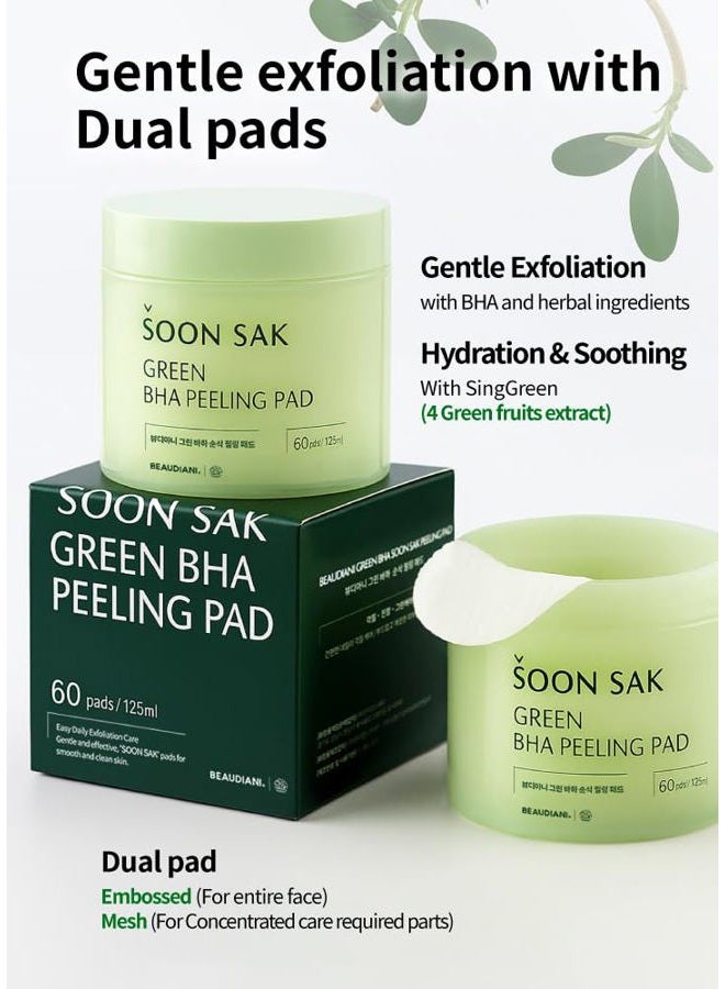 BEAUDIANI Green BHA soon sak peeling pad, 60pads, facial peel, Korean toner pads, exfoliating pads, pore tightening, soothing & hydrating, skincare pads, chemical peel pads, fruits extract - Image 2