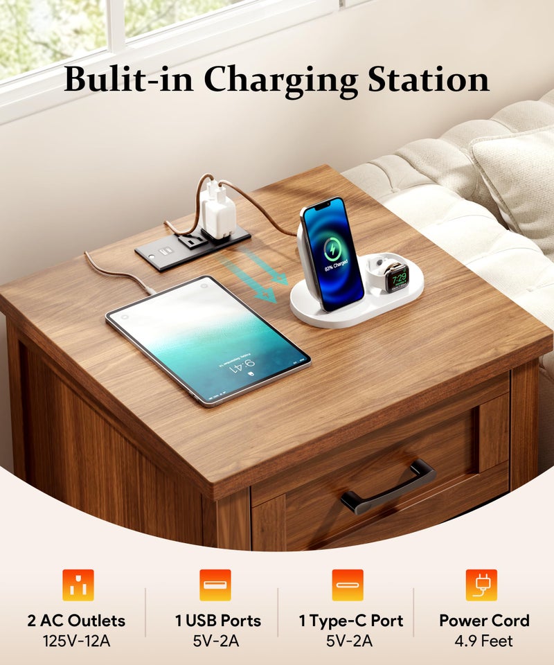 Decofy Farmhouse Nightstand with Charging Station & Large Storage, Modern End Tables with Outlets, USB Ports and Type-C Ports, Easy Assembly for Bedroom (Walnut) - Image 3