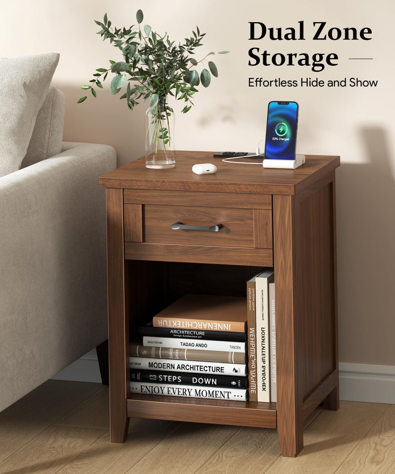 Decofy Farmhouse Nightstand with Charging Station & Large Storage, Modern End Tables with Outlets, USB Ports and Type-C Ports, Easy Assembly for Bedroom (Walnut) - Image 2