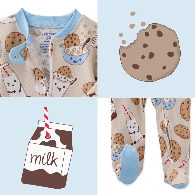 Butterblu Scout Sleep & Play 100% Organic Cotton Footed Zip Front Sleeper Pajamas for Baby Boys, Milk N' Cookie Crew, 0-3 Months - Image 5