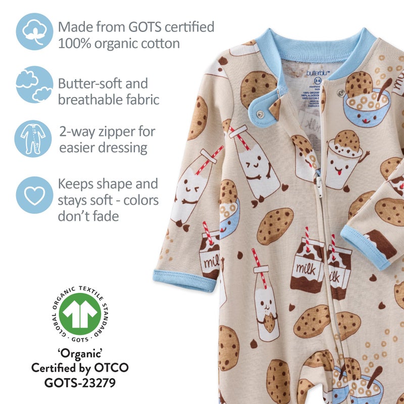 Butterblu Scout Sleep & Play 100% Organic Cotton Footed Zip Front Sleeper Pajamas for Baby Boys, Milk N' Cookie Crew, 0-3 Months - Image 4