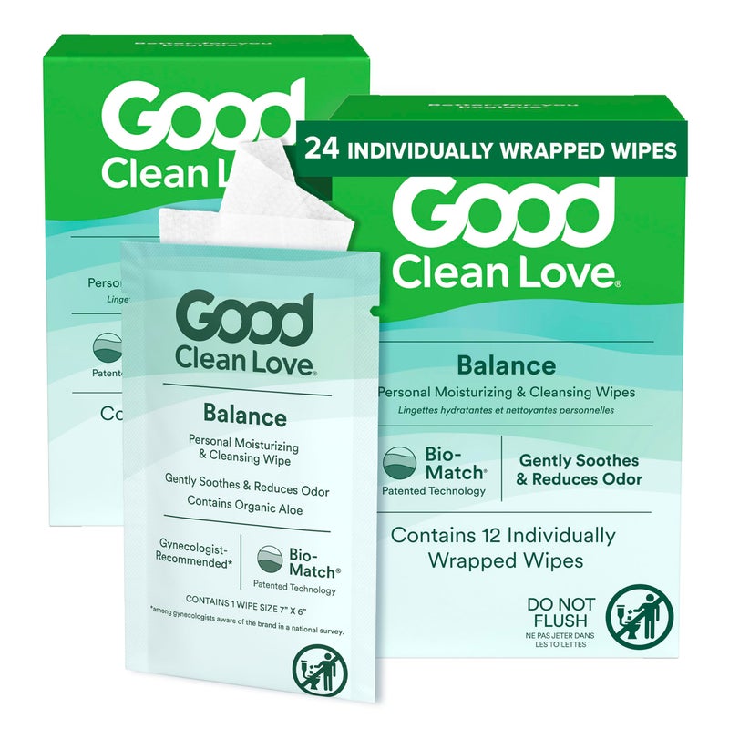 Good Clean Love جيد كلين لاف بالانس مناديل نسائية متوازنة الرقم الهيدروجيني، تدعم صحة المهبل بشكل طبيعي وتقلل الرائحة، منتج نظافة مرطب ومنعش غير مهيج مصنوع من الألوة العضوية، (24 قطعة) - Image 3