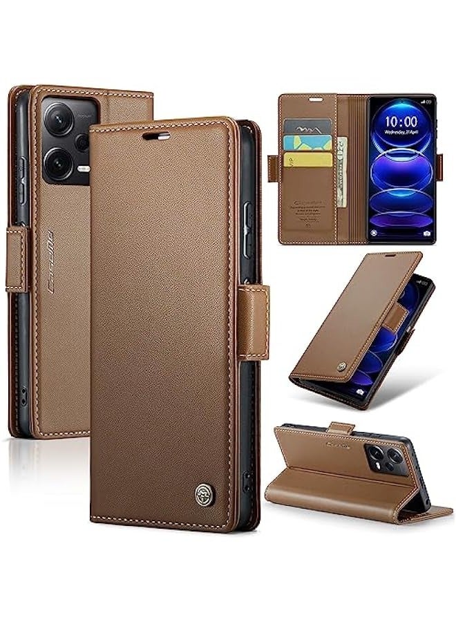 Xiaomi Redmi Note 12 Pro+ Plus Leather Flip Case - RFID Blocking, Slim, Shockproof, Brown - Image 1