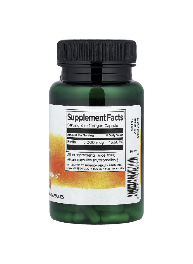 SWANSON سوانسون، البيوتين، 5000 ميكروغرام، 100 كبسولة نباتية - Image 2