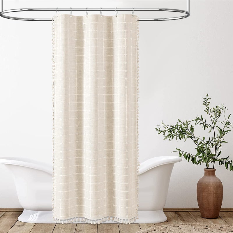 BTTN BTTN Boho Shower Stall Curtain - 36x72 Narrow Linen Ultra Thick Tassel Fabric Shower Curtain Set with 6 Plastic Hooks  Half Camper RV Modern Farmhouse Country Shower Curtains for Bathroom  Cream/Beige - Image 1