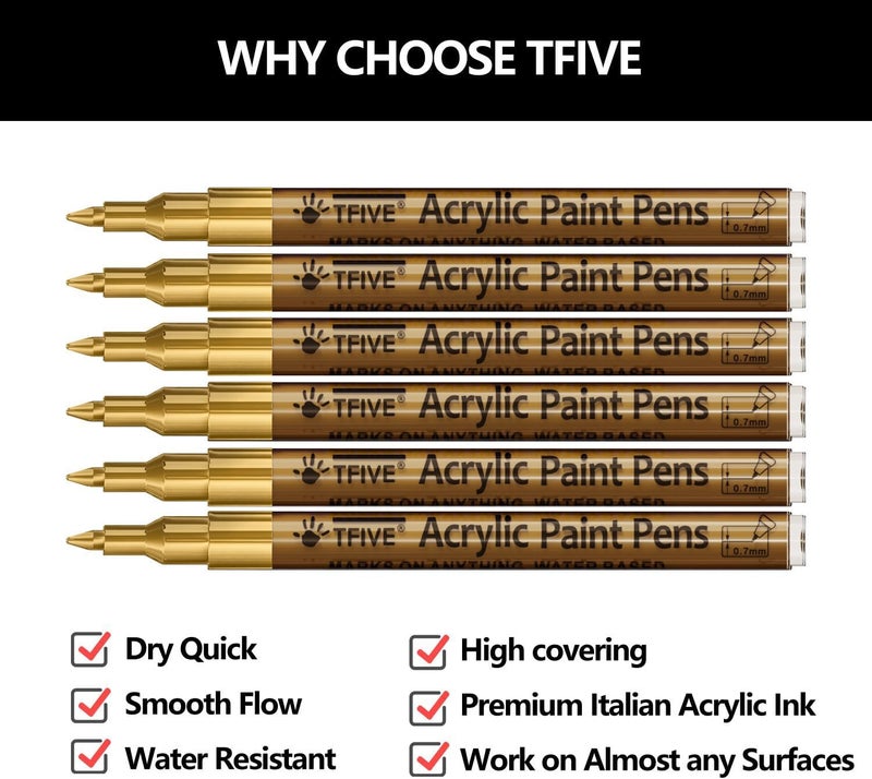 TFIVE Gold Marker Paint Pens - 6 Pack Acrylic Gold Permanent Marker, 0.7mm Extra Fine Tip Paint Pen for Art projects, Drawing, Rock Painting, Stone, Ceramic, Glass, Wood, Plastic, Metal, Canvas DIY Crafts - Image 2