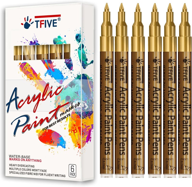TFIVE Gold Marker Paint Pens - 6 Pack Acrylic Gold Permanent Marker, 0.7mm Extra Fine Tip Paint Pen for Art projects, Drawing, Rock Painting, Stone, Ceramic, Glass, Wood, Plastic, Metal, Canvas DIY Crafts - Image 1