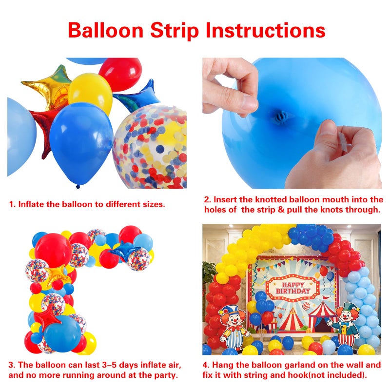RUBFAC Carnival Circus Balloon Garland Arch Kit, 120pcs Red Blue Yellow Primary Color Balloons Rainbow Multicolor Confetti and Star Foil Balloons for Birthday Party Carnival Theme Decorations - Image 4