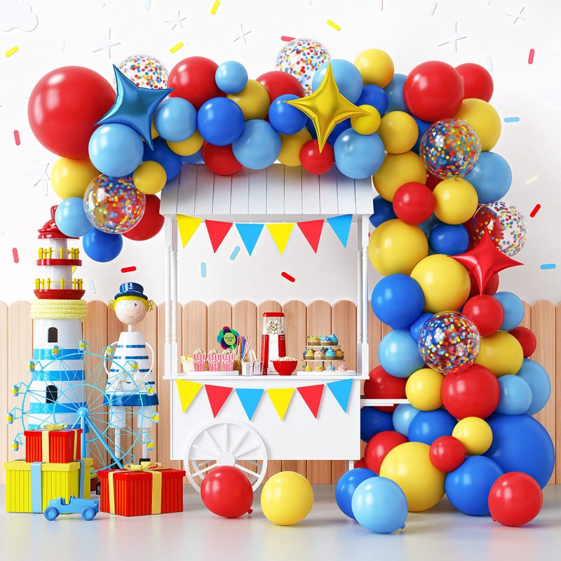 RUBFAC Carnival Circus Balloon Garland Arch Kit, 120pcs Red Blue Yellow Primary Color Balloons Rainbow Multicolor Confetti and Star Foil Balloons for Birthday Party Carnival Theme Decorations - Image 1