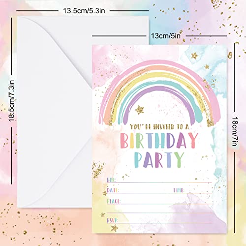 AnyDesign Rainbow Birthday Party Invitations with Envelopes Stickers Watercolor Birthday Paper Invitation Cards for Kids Party Celebration Supplies, Set of 20 - Image 2
