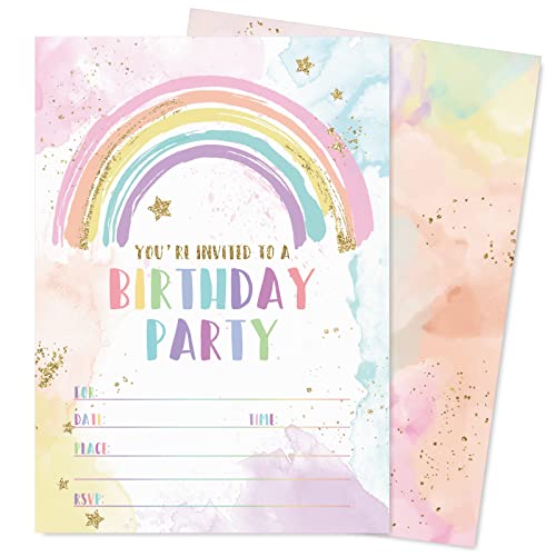 AnyDesign Rainbow Birthday Party Invitations with Envelopes Stickers Watercolor Birthday Paper Invitation Cards for Kids Party Celebration Supplies, Set of 20 - Image 1