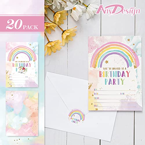 AnyDesign Rainbow Birthday Party Invitations with Envelopes Stickers Watercolor Birthday Paper Invitation Cards for Kids Party Celebration Supplies, Set of 20 - Image 3