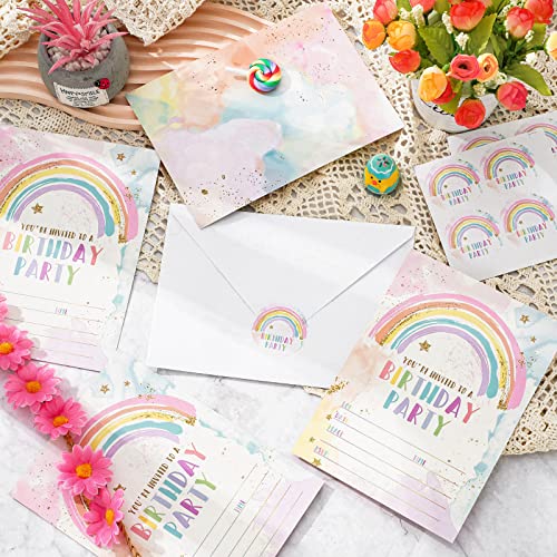AnyDesign Rainbow Birthday Party Invitations with Envelopes Stickers Watercolor Birthday Paper Invitation Cards for Kids Party Celebration Supplies, Set of 20 - Image 5