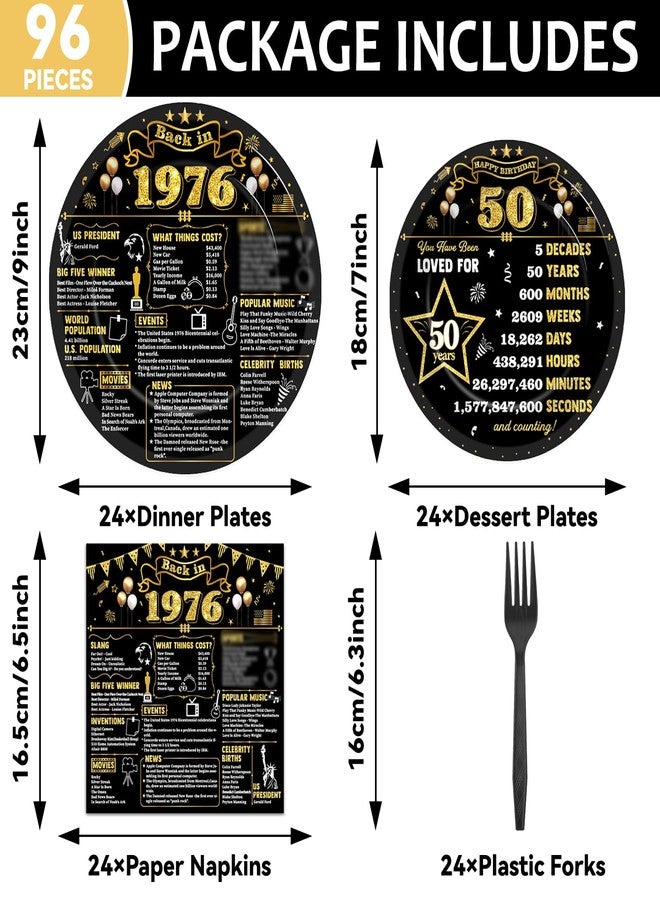 CHUNNIN 96Pcs 50th Birthday Plates and Napkins Back in 1975 Party Decorations Black Gold 50 Year Old Party Dessert Plates 1975 Tableware for 24 Guests 50th Theme Men Woman Birthday Supplies - Image 2