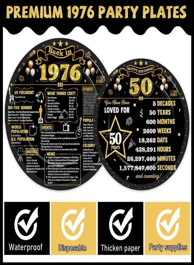 CHUNNIN 96Pcs 50th Birthday Plates and Napkins Back in 1975 Party Decorations Black Gold 50 Year Old Party Dessert Plates 1975 Tableware for 24 Guests 50th Theme Men Woman Birthday Supplies - Image 3