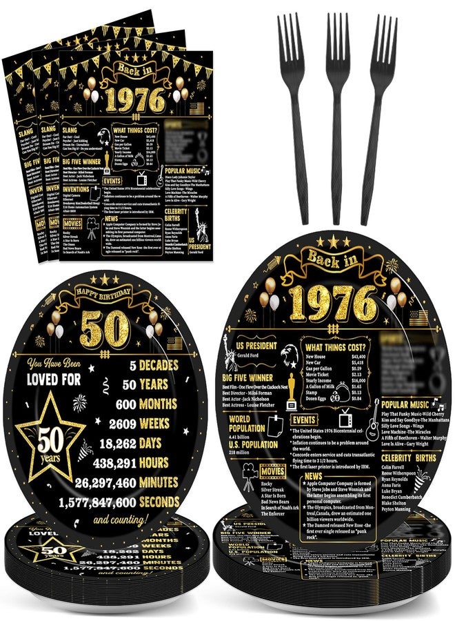 CHUNNIN 96Pcs 50th Birthday Plates and Napkins Back in 1975 Party Decorations Black Gold 50 Year Old Party Dessert Plates 1975 Tableware for 24 Guests 50th Theme Men Woman Birthday Supplies - Image 1