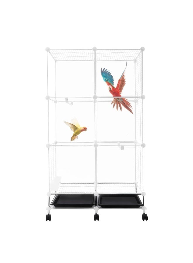 والالا قفص طيور من الحديد المطاوع، قفص ببغاء متحرك بثلاث طبقات مع عجلات، رؤية بزاوية 360 درجة، بيت طيور تفاعلي واسع، قفص طيران للطيور الأليفة المتوسطة والصغيرة (شفاف) - Image 3