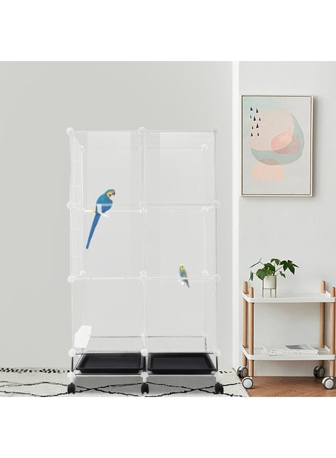 والالا قفص طيور من الحديد المطاوع، قفص ببغاء متحرك بثلاث طبقات مع عجلات، رؤية بزاوية 360 درجة، بيت طيور تفاعلي واسع، قفص طيران للطيور الأليفة المتوسطة والصغيرة (شفاف) - Image 4