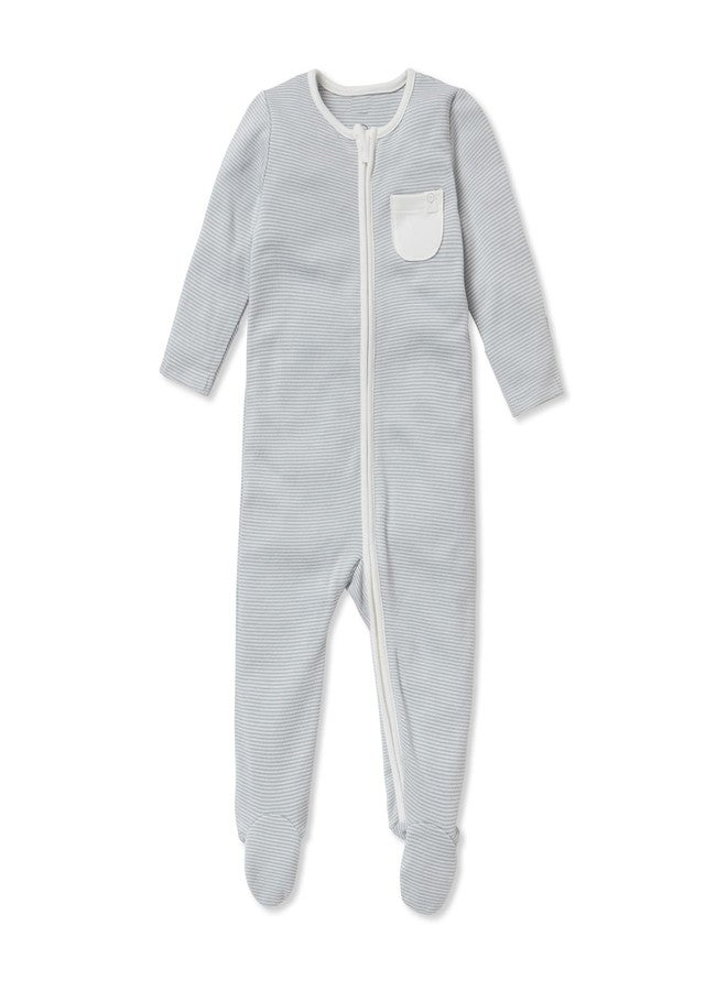 MORI Baby Unisex Clever Pajamas in Blue Stripe with Two Way Zip - Comfort Footed Nightwear for Boys and Girls - 0-3 Months - Image 1
