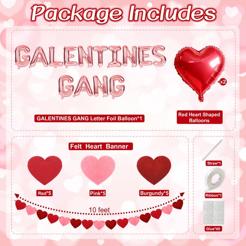 HALOGATE Galentines Day Decorations Setï¼ŒIncludes 16 inch Rose Gold Galentines Gang Letter Balloons Banner, Red Heart Foil Balloons, Felt Heart Garland Banner, Galentine's Party Decor,Valentine's Day Supplies - Image 2