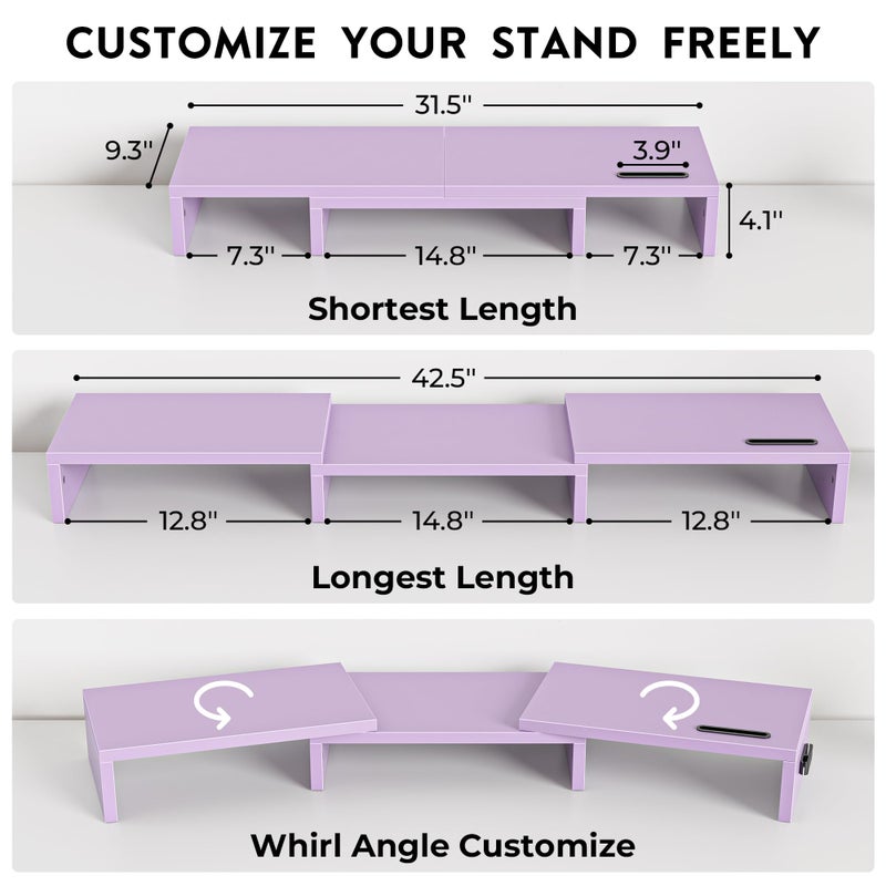BONTEC Dual Monitor Stand Riser with Smartphone Holder, Adjustable Length & Swivel Angle, Ergonomic Wooden Desktop Organizer for PC Monitor, Laptop, Printer, Large Storage, Purple - Image 3