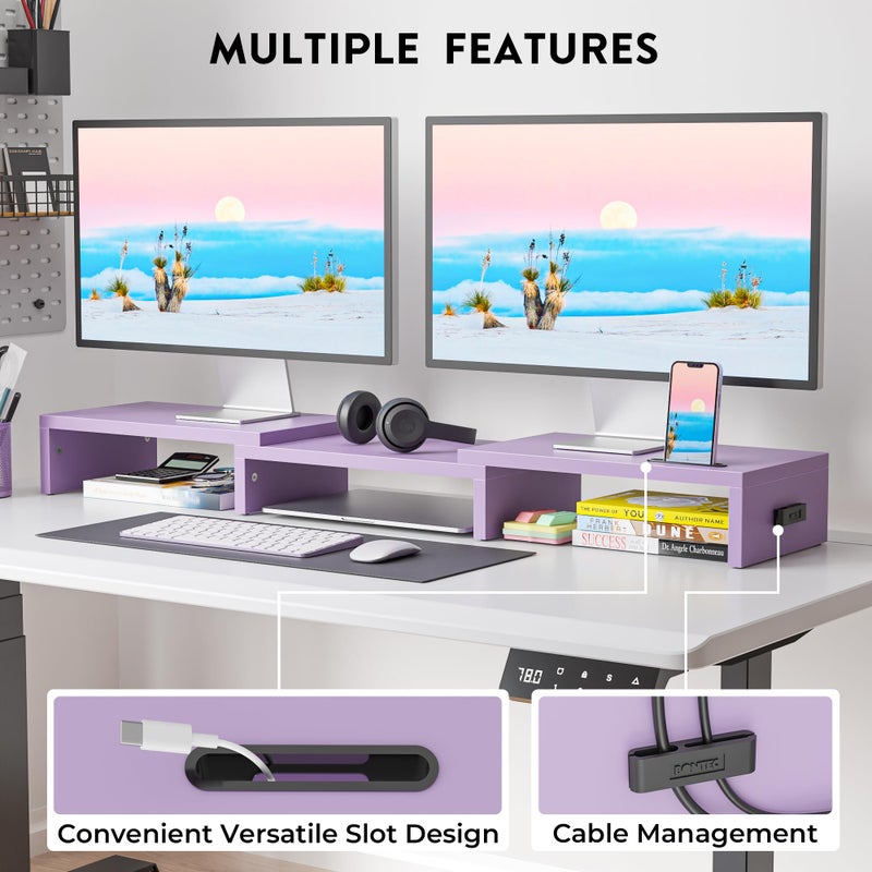 BONTEC Dual Monitor Stand Riser with Smartphone Holder, Adjustable Length & Swivel Angle, Ergonomic Wooden Desktop Organizer for PC Monitor, Laptop, Printer, Large Storage, Purple - Image 2