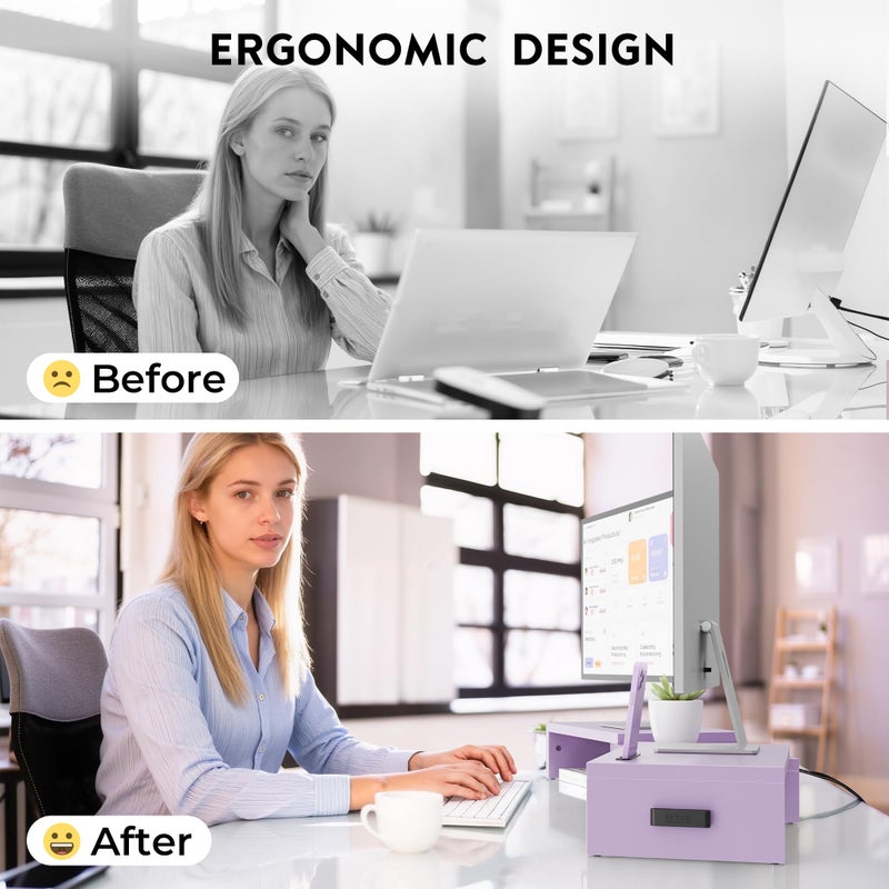 BONTEC Dual Monitor Stand Riser with Smartphone Holder, Adjustable Length & Swivel Angle, Ergonomic Wooden Desktop Organizer for PC Monitor, Laptop, Printer, Large Storage, Purple - Image 5