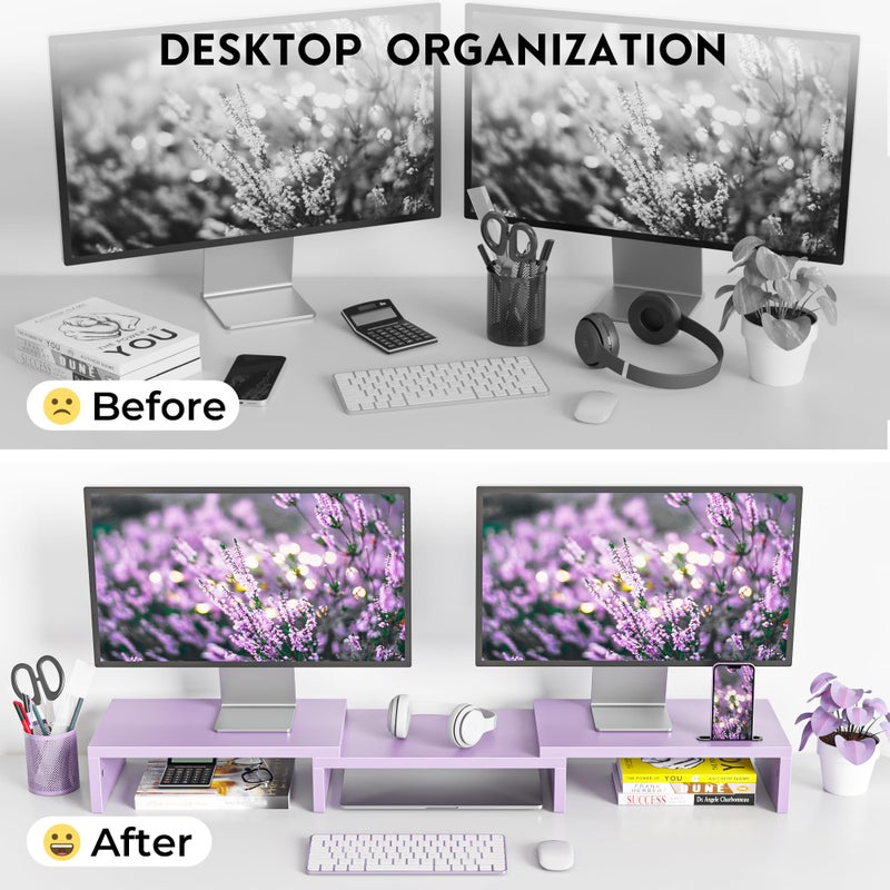BONTEC Dual Monitor Stand Riser with Smartphone Holder, Adjustable Length & Swivel Angle, Ergonomic Wooden Desktop Organizer for PC Monitor, Laptop, Printer, Large Storage, Purple - Image 4