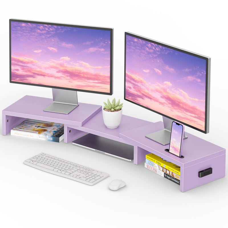 BONTEC Dual Monitor Stand Riser with Smartphone Holder, Adjustable Length & Swivel Angle, Ergonomic Wooden Desktop Organizer for PC Monitor, Laptop, Printer, Large Storage, Purple - Image 1
