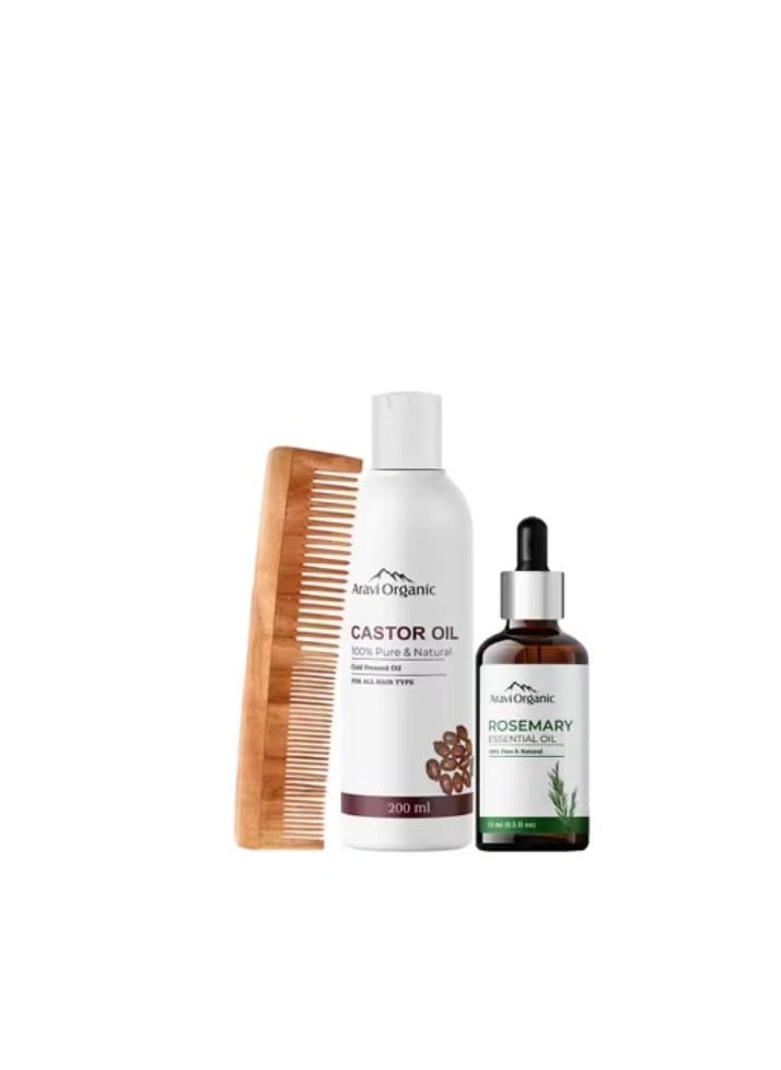 Aravi Organic - Aravi Organic Cold Pressed Castor Carrier Oil 200ml And Rosemary Essential Oil 15ml With Neem Wood Comb Pack of 3 - Image 1