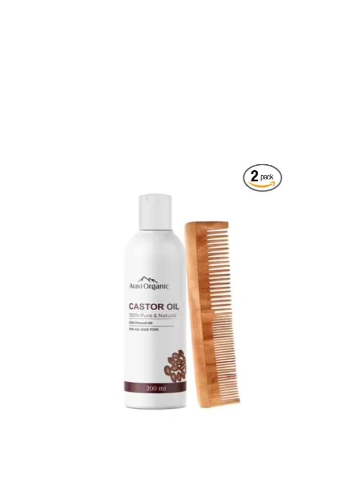 Aravi Organic - Aravi Organic Cold Pressed Castor Carrier Oil 200ml And Rosemary Essential Oil 15ml With Neem Wood Comb Pack of 3 - Image 1